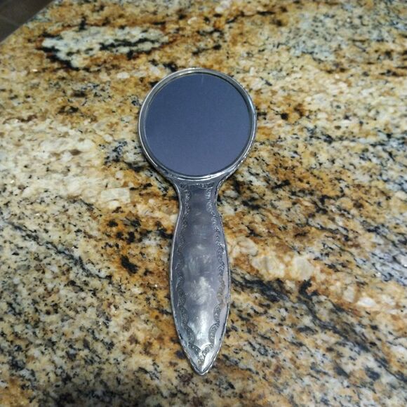 Vintage Victorian Ornate Silver Tone Handheld Vanity Round Mirror - Picture 1 of 5